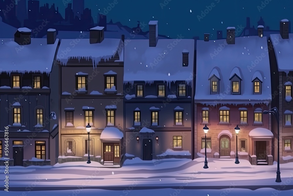 Canvas Prints peaceful winter night in a small town with a glowing street lamp. Generative AI