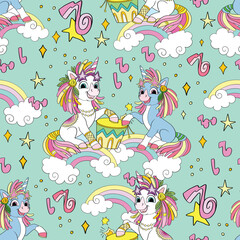 Seamless pattern with lovely unicorn singer vector