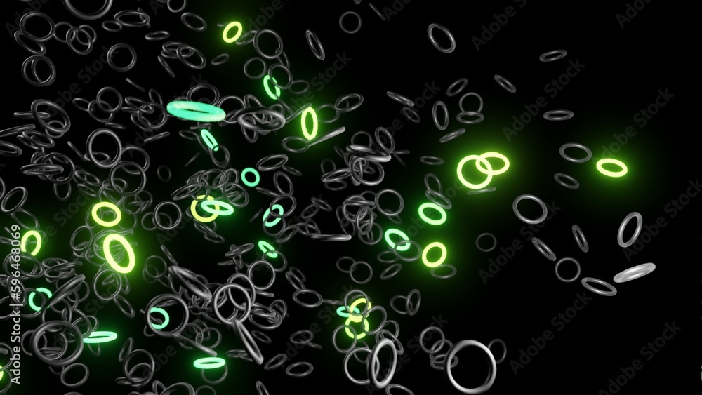 Poster 3d render. abstract festive background with rows of toruses or rings on plane flashing neon multicol