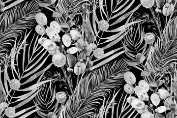 Monochrome watercolor seamless pattern with herbarium of flowers and tropical palm leaves for textile 