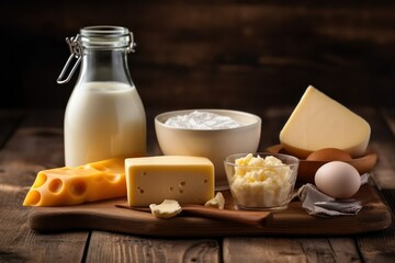milk, several types of cheese, cottage cheese and eggs stand on a rustic farm table. Generative AI