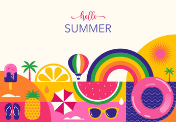 Colorful Geometric Summer Background, poster, banner. Summer time fun concept design promotion design © Marina Zlochin