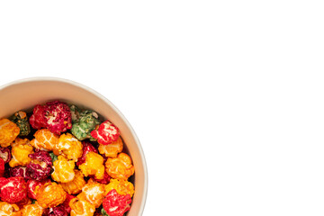 Colorful popcorn. 
Multi colored popcorn. 
An image with a shallow depth of field.