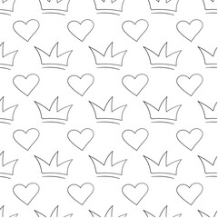 Drawn Hearts and Crowns. Seamless contour pattern. Little prince or princess. Love and power. Self love, vanity. Children drawing. Wrapping. Vector illustration.