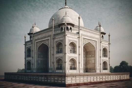 White marble mausoleum in Agra, India. Temple. Palace. Illustration. Generative AI
