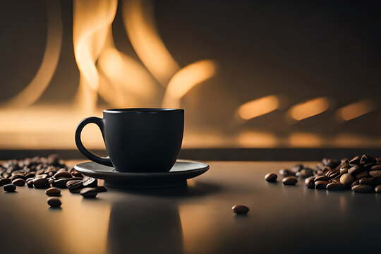 hot black coffee mug on wooden table  , cozy warm mood , black and brown tones 