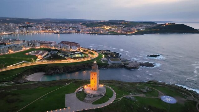 Aerial View Shot of Tower of Hercules (Torre de Hercules) lighthouse located in the city of La Coruna. Galicia, Spain