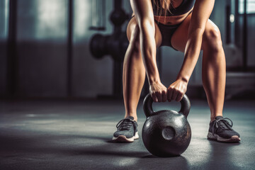 Female kettle bell lift. Olympic weights in black. Closeup of kettle bell in gym. Generative AI