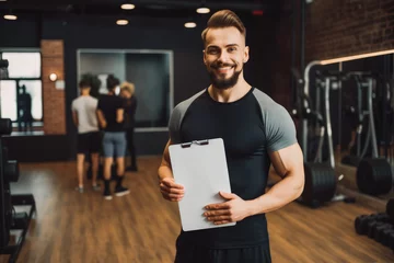 Foto op Aluminium Gym fitness and portrait of personal trainer with clipboard. Healthy lifestyle concept and training. Generative AI © VisualProduction
