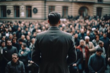 The back of the person speaking, blurred background a crowd of spectators. AI generative