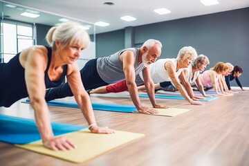 Obraz premium Senior people fitness and plank with personal trainer. Group of senior people exercising together in studio. Generative AI.