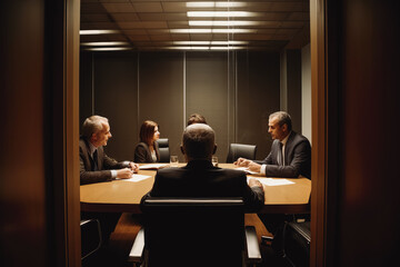 Fototapeta na wymiar Business people negotiating at boardroom behind closed doors. Private and confidential business negotiation. Generative AI
