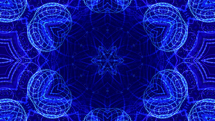 3d render. Blue motion design bg with symmetrical star pattern. Abstract sci-fi background with glow particles form curved lines, surfaces, hologram or virtual digital space. Floral structure