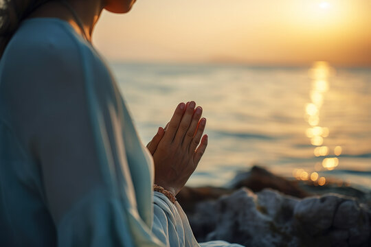 Woman doing yoga outdoor at sunset light with sea lifestyle at nature, created with Generative AI.