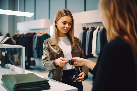woman cashier in clothing store. Young cashier working in clothing retail with and woman paying with credit card. Generative AI