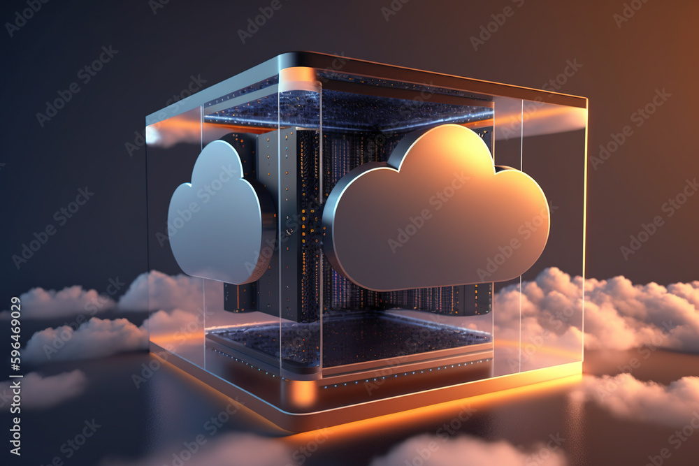Poster transparent glass with colorful cloud server concept, futuristic digital cloud computing glass box c