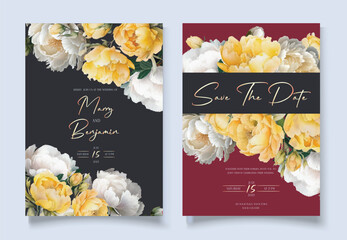 Wedding invitation with watercolor white and yesllow Peony flowers and leaves, isolated on dark elegant background. Vector Watercolor.
