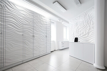 White reception room with a sinuous pattern on the wall in a modern office, created with Generative AI.