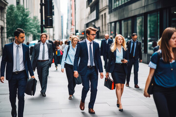 Business people walking in business district in Washington. Big city modern lifestyle, working in busy district. Generative AI