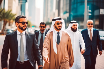 Business people walking in business district in Dubai. Big city modern lifestyle, working in busy district. Generative AI