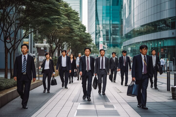 Obraz premium Business people walking in business district in Tokyo. Big city modern lifestyle, working in busy district. Generative AI