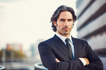 Fototapeta premium Handsome business man portrait outdoor. Serious stylish businessman profile portrait. Generative AI