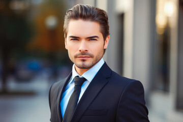 Fototapeta premium Handsome business man portrait outdoor. Serious stylish businessman profile portrait. Generative AI