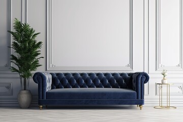 Obraz premium cozy living room featuring a blue couch and a vibrant potted plant. Generative AI