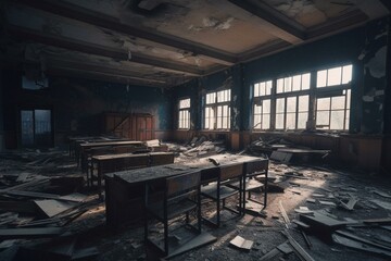 Derelict school interior amidst post-apocalyptic, city-wide destruction. Generative AI