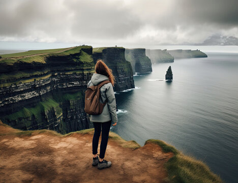 Cliffs of Moher, Ireland, Landscape, Adventure, Wanderlust, Person Looking With Their Back Turned, Ocean. Generative AI