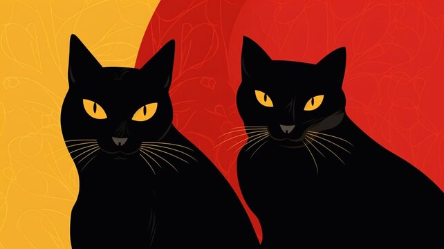Two black cats on a red background, placed on two yellow art objects, Art Deco style. Generative AI.
