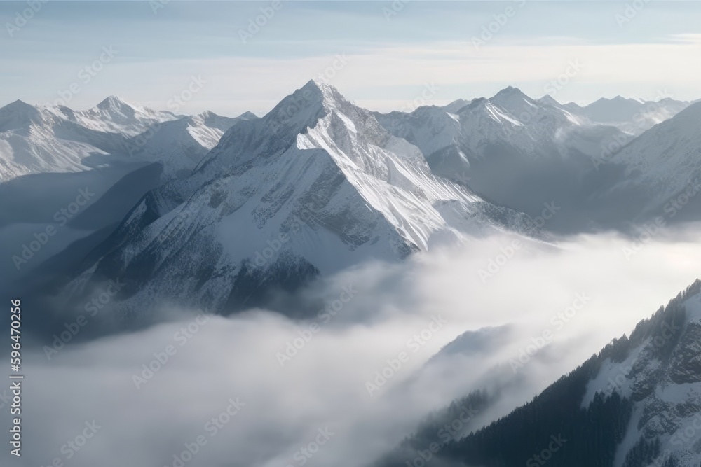 Poster mountain range hidden in clouds. generative ai