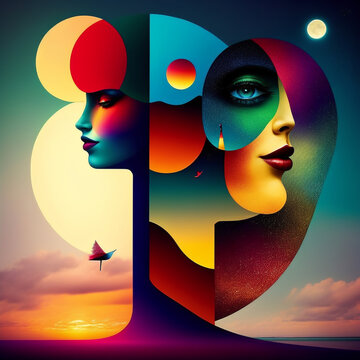 Two-faced female portrait on the background of the seascape "day-night" in the style of surrealism. AI generative