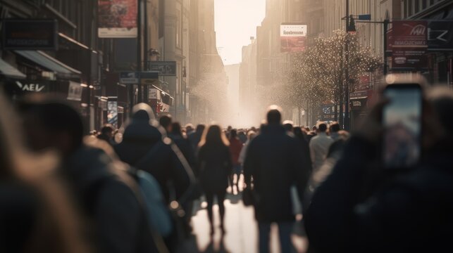 Crowded European City Street with Anonymous Pedestrians in Springtime Backlit by Low Sun, AI Generative