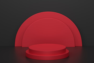 Pastel red cylinder podium with steps on black background