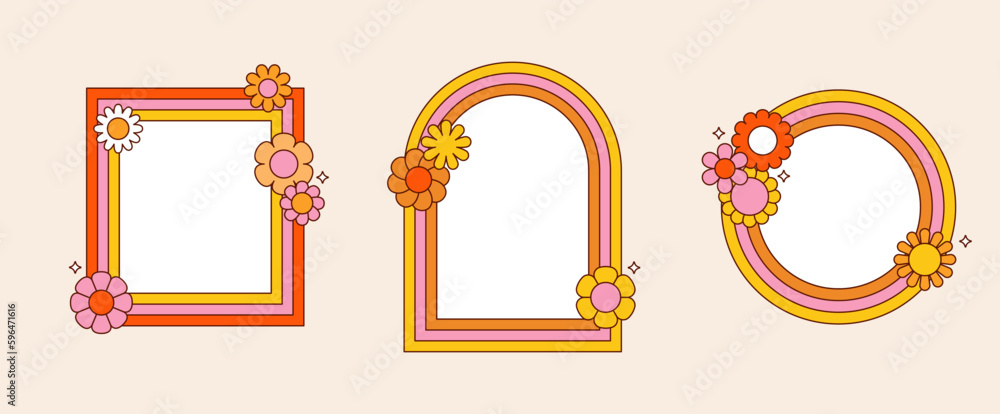 Leinwandbilder Vector linear banners and frames with copy space for text and flowers - design elements and shapes for abstract backgrounds and modern art - greeting card, hippie style borders