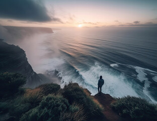 Fototapeta premium Looking over the ocean, wanderlust, sunrise, sunset, ocean view, background, travel, wonder, beautiful. Generative AI