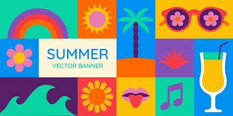 Vector simple flat illustrations and icons, geometric summer pattern and banner, vacation and tropical travel, flowers and plants simple shapes, festival and sale posters