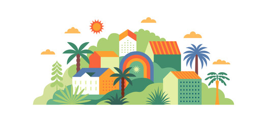 Vector simple flat illustration, summer vacation, tropical hotel,  geometric summer pattern and banner, sun travel, landscape with island scenery with houses and palm trees