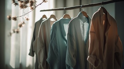 Organic, eco-friendly clothes on a clothes hanger. Generative AI.