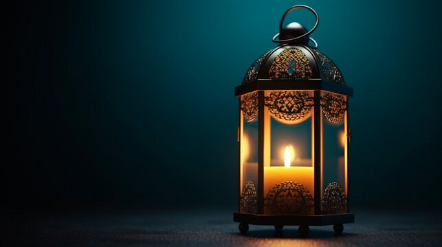 Arabic ramadan lantern with burning candle. Generative AI