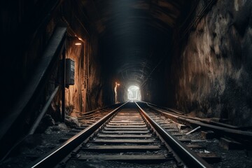 Fototapeta na wymiar A train track emerging from a dim passage. Generative AI