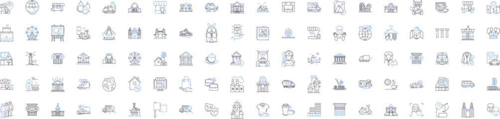 Urban area line icons collection. Skyscrapers, Traffic, Crowds, Pollution, Diversity, Culture, Nightlife vector and linear illustration. Gritty,Vibrant,Noise outline signs set Generative AI