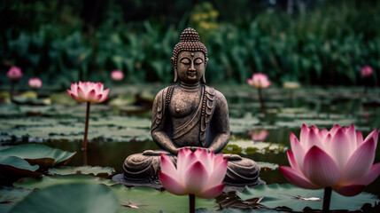 Buddha statue and lotus flower. Generative AI