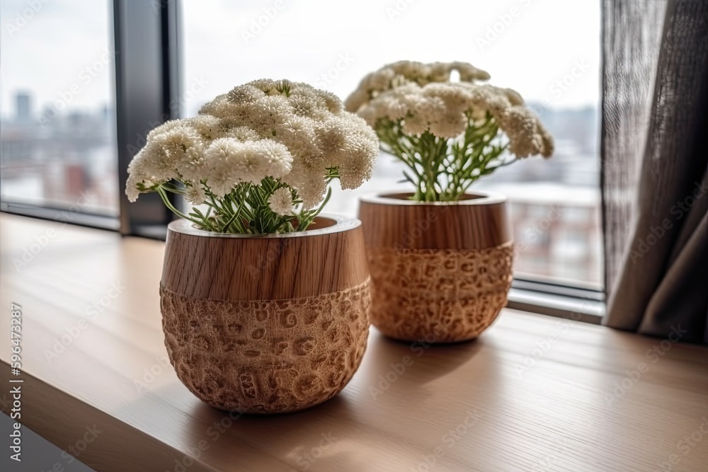 Poster two decorative vases positioned on a windowsill. generative ai