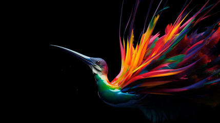 Colored abstract bird of paradise on a black background. Generative AI