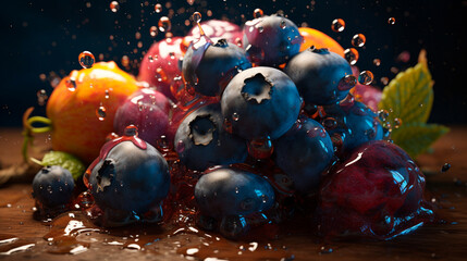 Obraz na płótnie Canvas Colorful blueberries fruit splash art created with. Generative AI