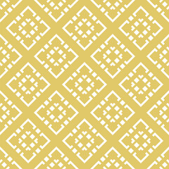 Vector geometric seamless pattern. Winter Christmas theme abstract graphic background. Simple folk style texture. Ethnic style ornament. Yellow gold color. Repeated vintage geo design for decor, print