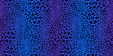 Realistic leopard print in bright neon colors. Vector seamless pattern. Animal skin texture in retro 1990's - 2000's fashion style. Purple, blue and black color. Trendy pop art pattern. Repeat design