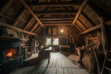 Interior of a Viking longhouse. Generative AI
